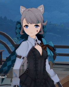 a girl with cat ears and a bow on her shoulder is standing in front of a body of water