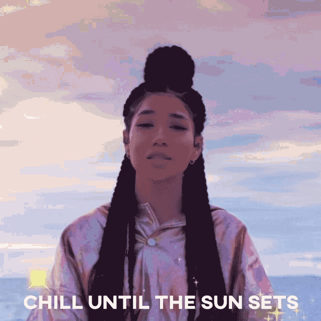 an animated image of a woman with the words chill until the sun sets on the bottom