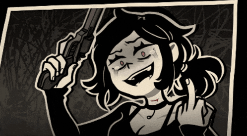 a black and white drawing of a girl holding a gun and giving the middle finger