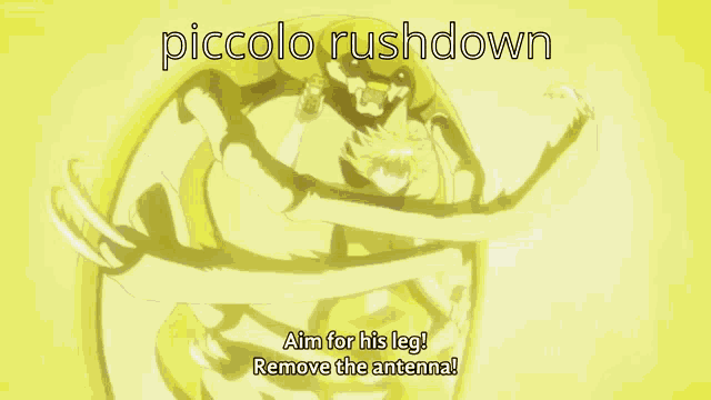 a yellow background with the words piccolo rushdown on it .