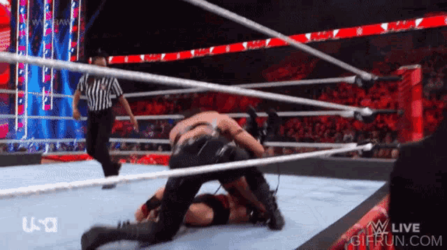 two men are wrestling in a ring with a referee in the background and a gifrun.com logo in the corner
