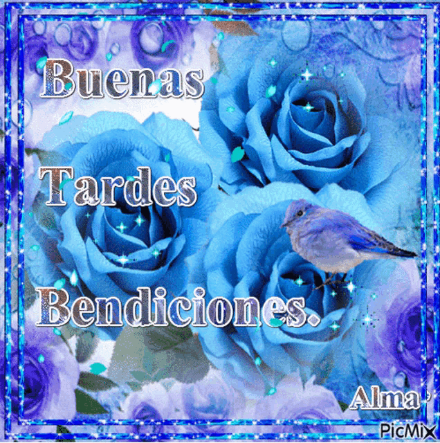 a picture of blue roses with the words buenas tardes bendiciones written on it