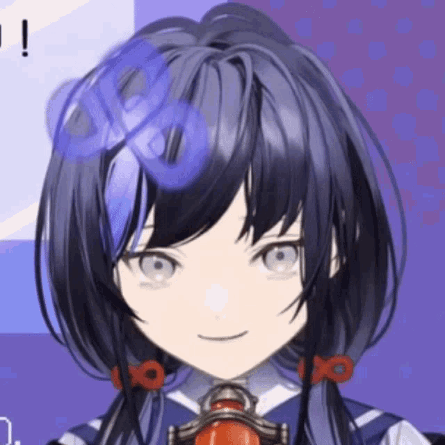 a close up of a girl 's face with a purple circle around her head