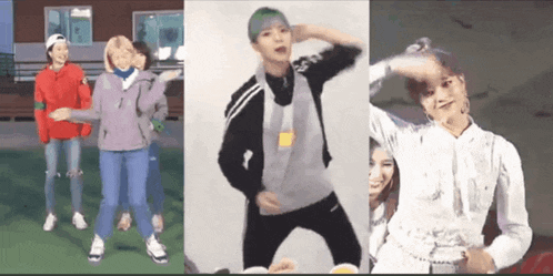 a group of people are dancing in a collage of three pictures