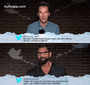two men are standing next to each other in front of a brick wall and a twitter page that says kulfyapp.com