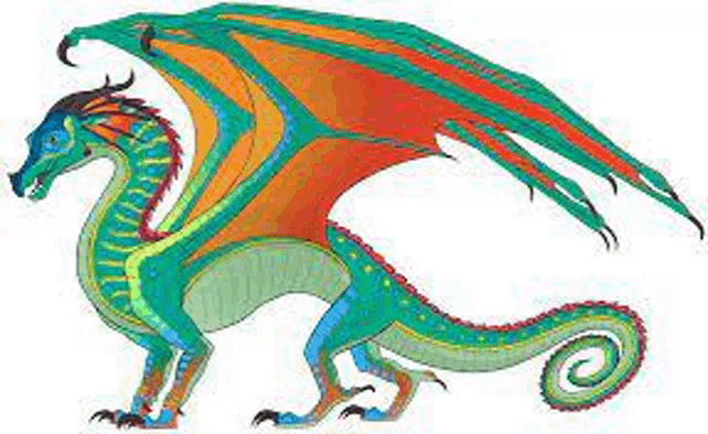 a drawing of a colorful dragon with wings spread on a white background .