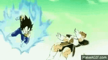 a cartoon of a man flying through the air while another man is laying on the ground .