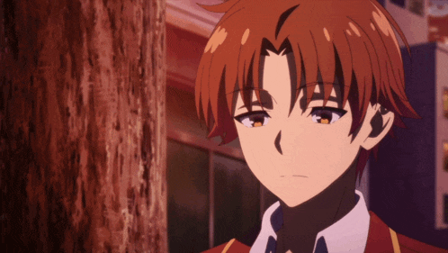 a close up of a anime character 's face with a tree in the background