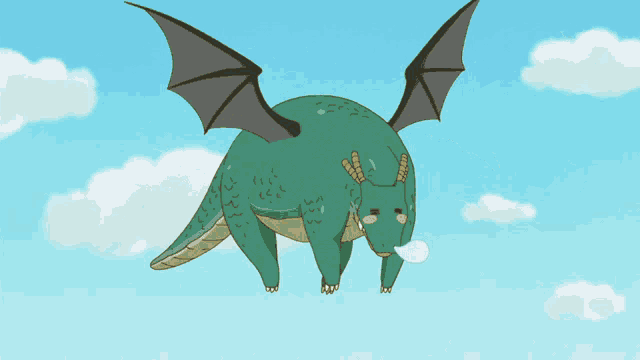 a green dragon with wings is flying through the air