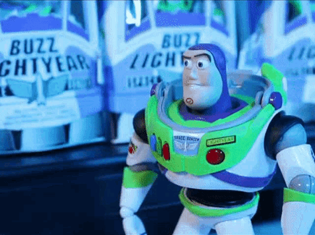 a toy story buzz lightyear standing in front of a sign that says " buzz lightyear "