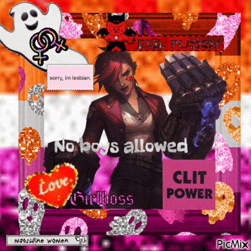 a picture of a woman holding a gun with the words no boys allowed and clit power