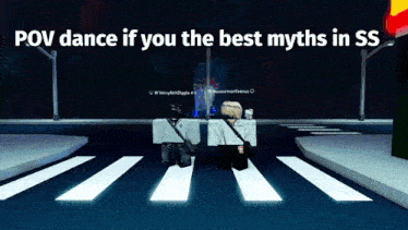 a couple of people standing on a crosswalk with the words " pov dance if you the best myths in ss "