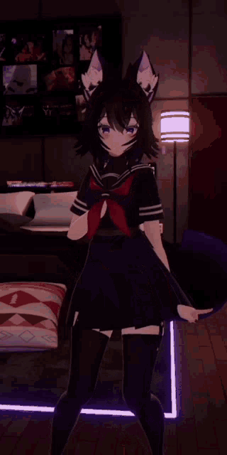 a girl with black hair and purple eyes is standing in a dark room