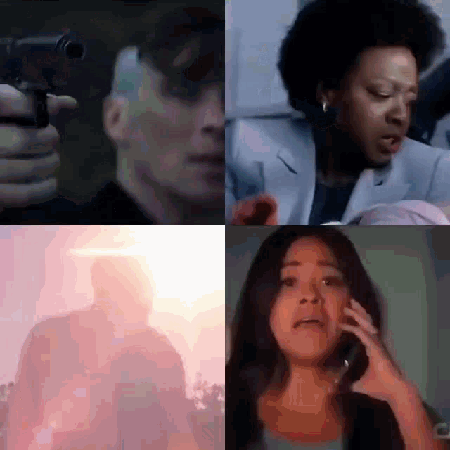 a man is holding a gun next to a woman talking on a cell phone