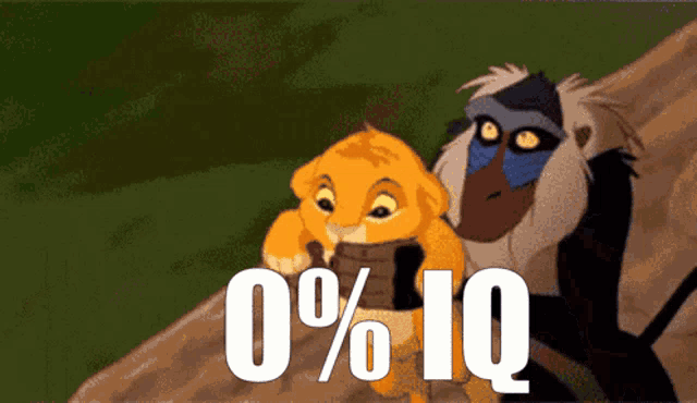 a lion and a baboon are standing next to each other with the text 0 % iq