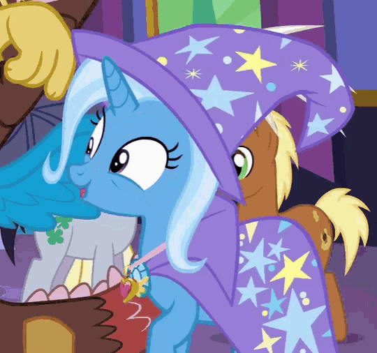 a cartoon of a pony wearing a purple hat with stars on it