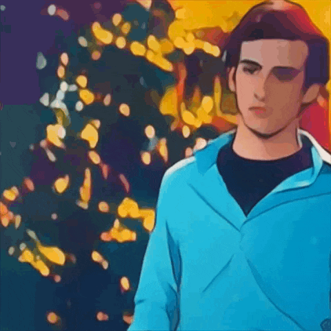 a cartoon drawing of a young man in a blue jacket