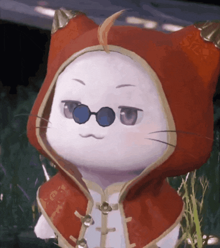 a white cat wearing sunglasses and a red hoodie