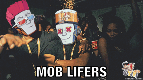 a group of people are posing for a photo and the caption mob lifers