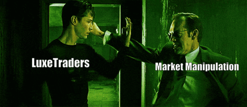 two men are standing next to each other with the words luxetraders and market manipulation written on the screen