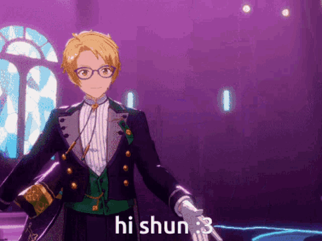 a man in a tuxedo and glasses is standing in front of a purple background and says hi shun 3