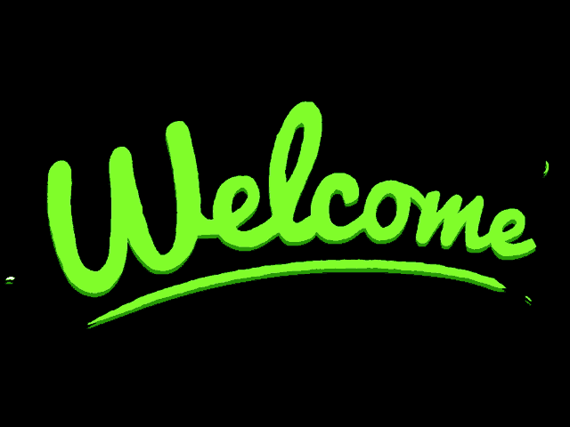 the word welcome is written in green and white