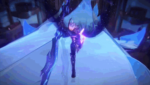 a person is standing on a snowy surface with a purple light coming out of their chest
