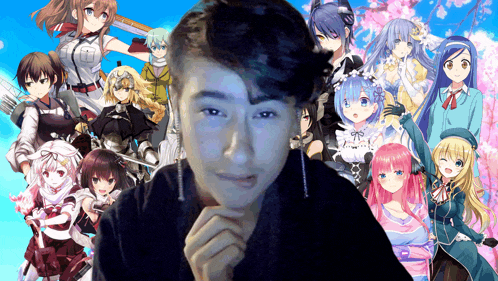 a man stands in front of a group of anime characters