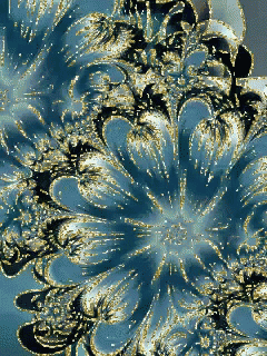 a close up of a blue and gold flower design