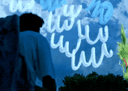 a drawing of a person standing in front of a cloudy sky with letters written on it