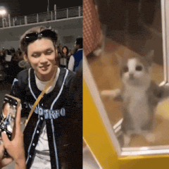 a man wearing a jersey that says ' o'trako ' on it is taking a picture of a cat