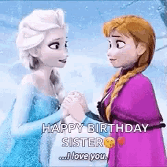 anna and elsa from frozen are holding hands and talking to each other .