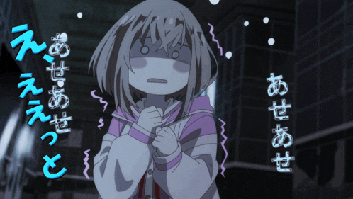 a girl in a purple and white jacket has chinese writing on her face