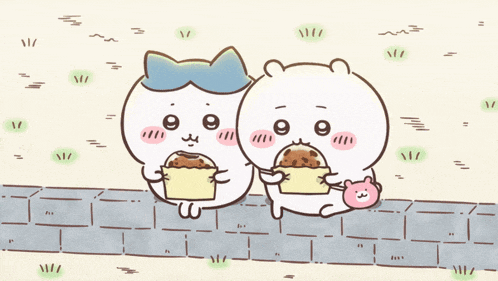 a couple of cartoon characters sitting on a brick wall eating food