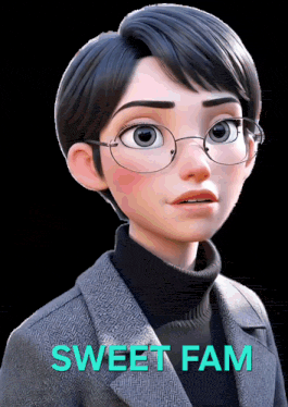 a cartoon girl wearing glasses and a turtleneck sweater with the words sweet fam on the bottom