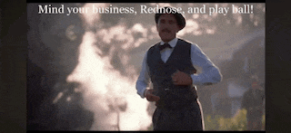 a man in a suit and hat is running with the words mind your business red nose and play ball on the bottom
