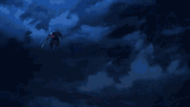 a person is flying through a cloudy sky with a sword