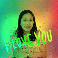 a woman in a polka dot dress is surrounded by hearts and the words i love you