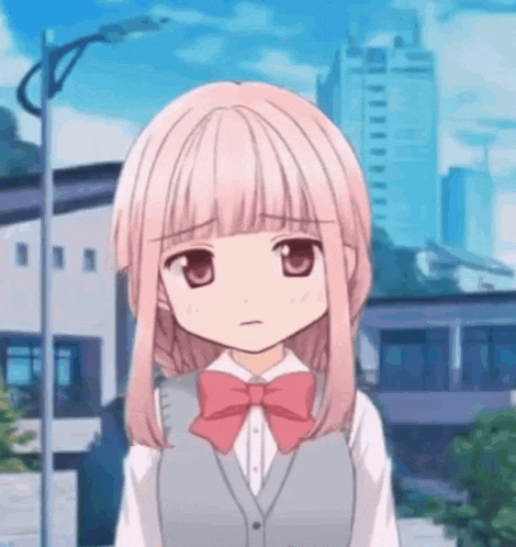 a girl with pink hair and a bow tie is standing in front of a building .