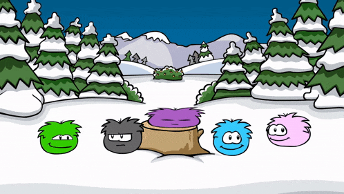 a group of cartoon characters are standing in the snow with a christmas tree in the background