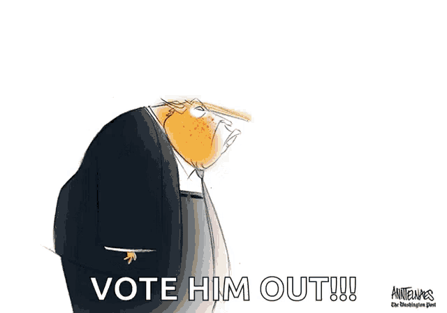 a cartoon of a man with a long nose and the words vote him out