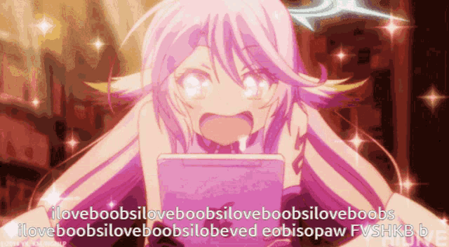a picture of a girl with the words " i love boobs " written on it