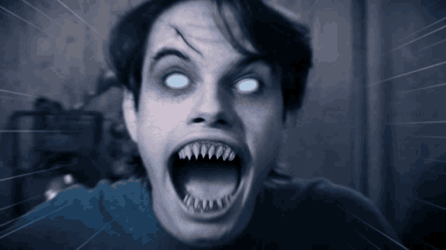 a close up of a person 's face with glowing white eyes