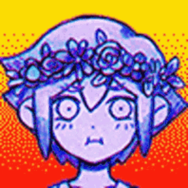 a cartoon girl with a flower crown on her head is making a funny face .