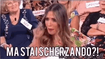 a woman is sitting in front of a group of women with the words ma staischerzando written on the bottom .