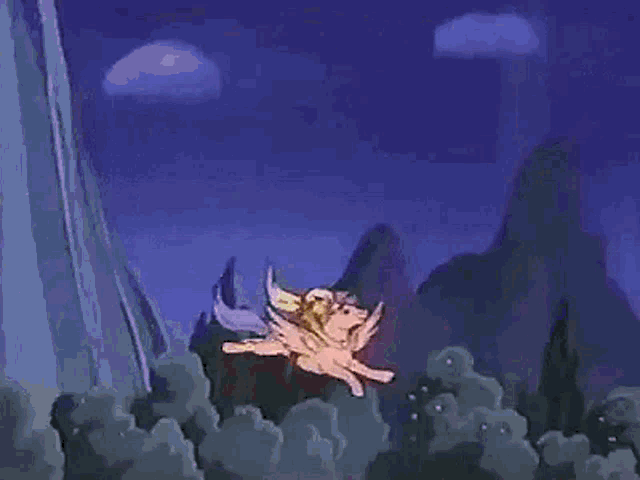 a cartoon of a girl riding on the back of a pegasus .