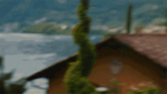 a blurry picture of a house and a tree with a lake in the background