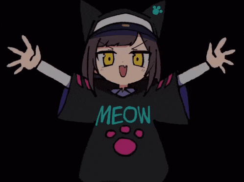 a girl wearing a shirt that says meow