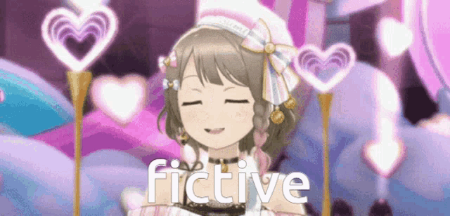 a girl in a white hat is smiling with her eyes closed and the word fictive is written on the bottom .