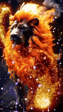 a painting of a lion surrounded by flames and stars .